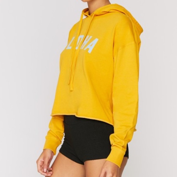 SPIRITIAL GANGSTER Yellow Hooded Cropped Lightweight Hoodie "ALOHA" Size Small - Picture 8 of 9